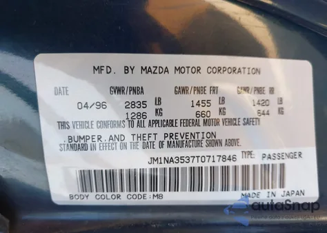 1996 Mazda Mx-5 Miata from USA, damaged, VIN JM1NA3537T0717846